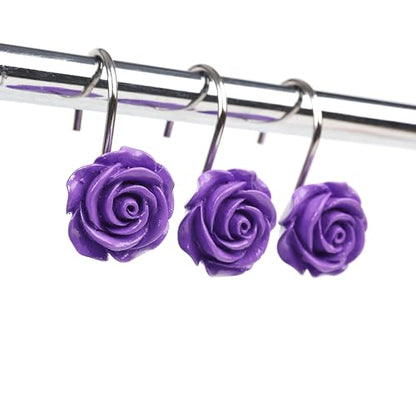 Twofish Home Purple Rose Flower Shower Curtain Hooks Anti Rust Shower Curtain Hooks Decorative Resin Purple Rose Flower Shower Curtain Rings Set of 12 - color: Purple Rose