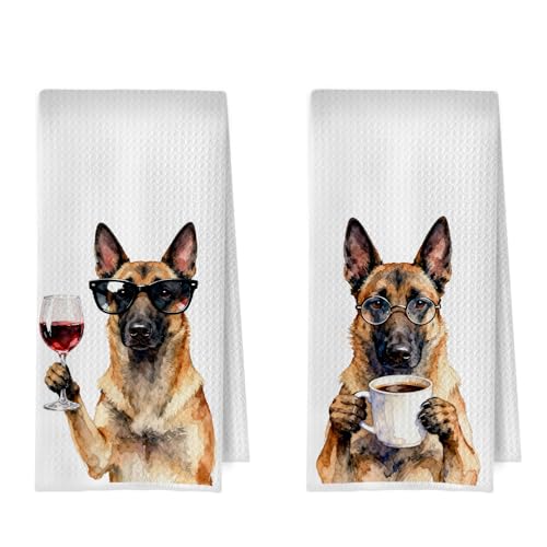 German Shepherd Kitchen Towels Set - Funny German Shepherd Gifts Decorative Waffle Dish Towels, Coffee Dogs Decor Hand Towel, Home Bar Tea Towel for Wine Lover Gift, 16x24 Inch Set of 2 - color: German Shepherd