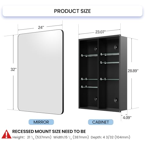 Large Bathroom Medicine Cabinet 24x32 Inch, Oversized Mirror with Storage, Heavy Duty Aluminum Construction, 6 Tempered Glass Shelves, Rust Proof Master Bath Organizer, Matte Black - size: 24"x 32"