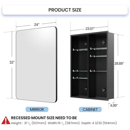 Large Bathroom Medicine Cabinet 24x32 Inch, Oversized Mirror with Storage, Heavy Duty Aluminum Construction, 6 Tempered Glass Shelves, Rust Proof Master Bath Organizer, Matte Black - size: 24"x 32"