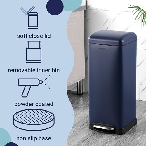 happimess Betty 8 Gal Step Trash Can Soft-Close Lid, Denim Blue | Removable Liner, Semi-Rectangular, Steel Pedal, Iron Powder Coated, 27" Height, Non-Skid Base - color: Denim Blue
