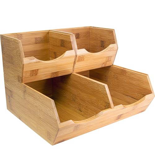 HOMESTEAD Bamboo Pantry Storage Bins – Stackable Potato & Onion Storage Bin for Kitchen Countertop, Pantry Organizer, Fruit Vegetable Basket, Multiuse - Set of 3 Slide-Out Access - size: Medium ( 3 Pack )