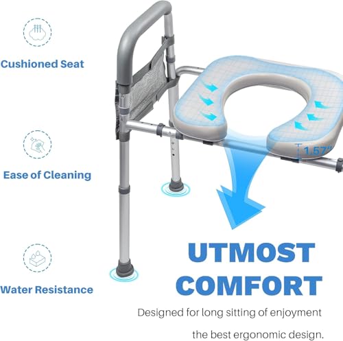 Raised Toilet Seat with Handles, 400lb, Adjustable Height & Width | Padded Comfort,Rust-Proof Aluminum,Non-Slip Feet, Height/Width Adjustable, Fit Any Toilets. Tool-Free Install, For Seniors