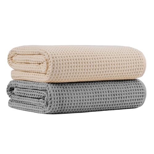 MICROFI New Microfiber Waffle Bath Towels, 2 Pieces, Soft, Absorbent, Fast Drying, Lint Free 430 GSM (30''x60''/76cm x 152cm) - color: Gray+champagne