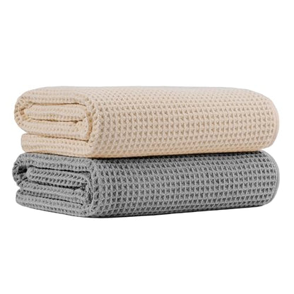 MICROFI New Microfiber Waffle Bath Towels, 2 Pieces, Soft, Absorbent, Fast Drying, Lint Free 430 GSM (30''x60''/76cm x 152cm) - color: Gray+champagne