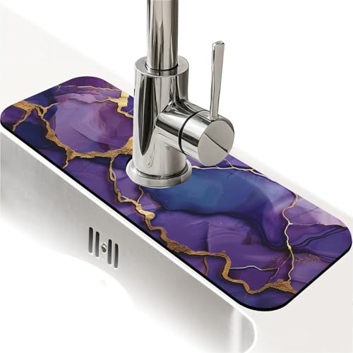 Kitchen Sink Splash Guard，Deep-purple gold marble Faucet Mat Sink Gadgets-Super Absorbent Fast Drying Mat Drip Catcher for Kitchen, Bathroom,Sink Mat, Dish Drying Mat, Bathroom(15" X 5.5" ) - color: Deep-purple gold marble