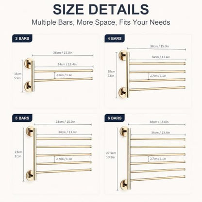 Solid Brass Swivel Towel Bar, Brushed Gold Bathroom Towel Rack, No Drill Adhesive Wall Mounted Rail Hanger, Space Saving Multi Arm Holder for Kitchen Restroom(Gold,27.5cm) - color: Gold, size: 27.5cm