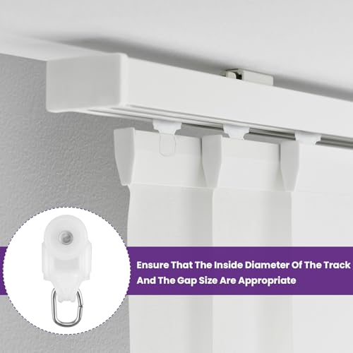 50 Pcs Curtain Glider Track Rail Runners, Heavy Duty Mute Wheel Curtain Glider Hooks with Dual Rollers for Universal Ceiling Drapes Room Dividers Shower Curtains Window Treatments
