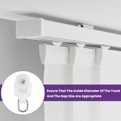 50 Pcs Curtain Glider Track Rail Runners, Heavy Duty Mute Wheel Curtain Glider Hooks with Dual Rollers for Universal Ceiling Drapes Room Dividers Shower Curtains Window Treatments