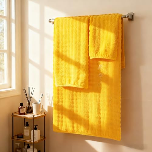 COZYART Lint Free 8 Pcs Bathroom Towels Set Ultra Soft Microfiber Yellow | Ultra Fluffy, Thick, Highly Absorbent, Fast Dry, No Shedding, No Pilling, Fade Resistant, Durable, Long-lasting - color: Yellow