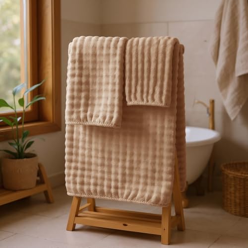 COZYART Lint Free 8 Pcs Bathroom Towels Set Ultra Soft Microfiber Tan | Fluffy, Thick, Highly Absorbent, Fast Dry, No Shedding, No Pilling, Fade Resistant, Durable, Long-lasting - color: Tan