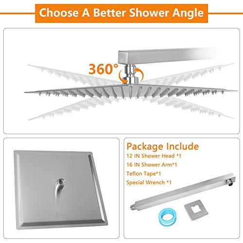 Shower Head with Extension Arm, High Pressure Square with ShowerArm, Stainless Steel Rainfall-Waterfall Full Body Coverage (12'' Shower with 16'' Arm, Brushed Nickel) - color: Brushed Nickel, size: 12'' Shower with 16'' Arm