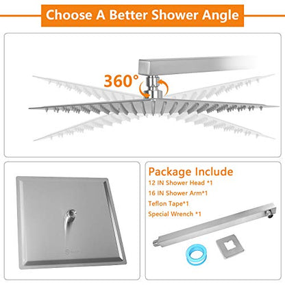 Shower Head with Extension Arm, High Pressure Square with ShowerArm, Stainless Steel Rainfall-Waterfall Full Body Coverage (12'' Shower with 16'' Arm, Brushed Nickel) - color: Brushed Nickel, size: 12'' Shower with 16'' Arm