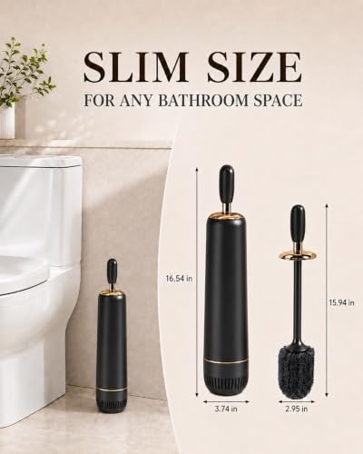 Toilet Brush Set, Dense Nylon Bristles, Wall Mount, Non-Scratch, Black Gold | 16.5" Handle,Splash-Proof,Odor-Locking Lid ,Ventilated Base,Hideaway Brush Head,Thick ABS,2 Adhesive - color: Black Gold