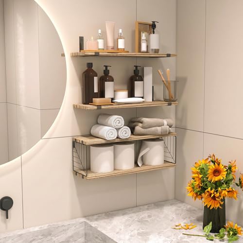Fixwal 3+1 Tier Bathroom Floating Shelves Over Toilet, Light Brown | Rustic Wood Shelf Set with Toilet Paper Storage Basket, Natural Finish, 40Lb Weight Limit, Quick Mount, Versatile - color: Rustic Brown