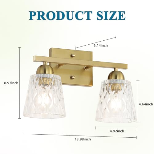 Mecgirn Stainless Steel Bathroom Vanity Light Over Mirror, 2 Light Brushed Gold Bathroom Light Fixtures with Textured Glass Shades, Modern Vanity Lighting Wall Mount - color: Brushed Gold, size: 2 Light