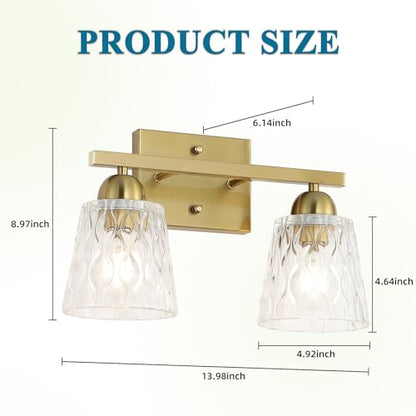 Mecgirn Stainless Steel Bathroom Vanity Light Over Mirror, 2 Light Brushed Gold Bathroom Light Fixtures with Textured Glass Shades, Modern Vanity Lighting Wall Mount - color: Brushed Gold, size: 2 Light