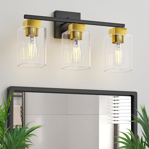 Black and Brushed Gold Bathroom Vanity Light, 3-Light Vanity Lighting fixtures Over Mirror, Square Design & UL Certification, Wall Sconces with Clear Glass Shades, E26 Socket (Bulbs Not Included) - color: Black and Brushed Gold, size: 3 Light