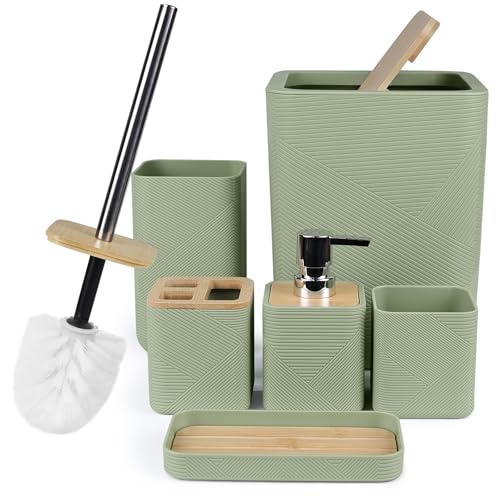 CERBIOR Bamboo Bathroom Accessories Set 6 Piece Square Spiral Set,Green | Includes Soap Dispenser, Toothbrush Holder, Toothbrush Cup, Soap Dish for Decorative Countertop and Housewarming Gift - size: Complete Set, style: Green