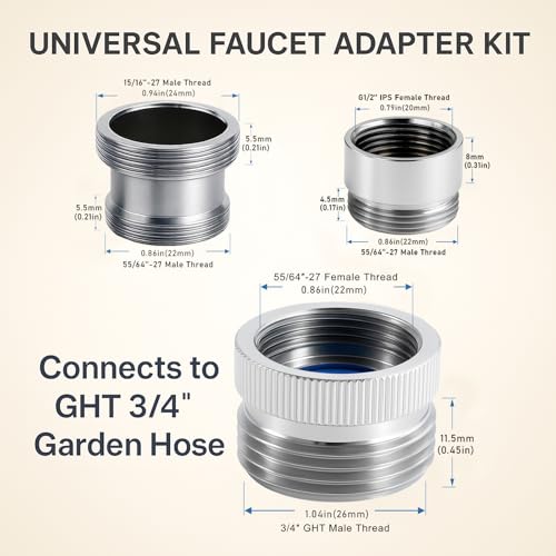 Faucet Adapter with Aerator, Sink Faucet to Garden Hose Connector | Chrome Brass Fits G1/2" Female, 55/64" Female, and 15/16" Male, Connects to 3/4" GHT Garden Hose, with Washers and PTFE Tape