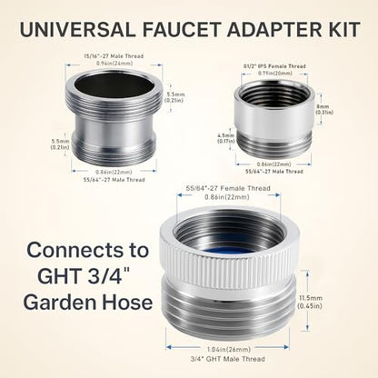 Faucet Adapter with Aerator, Sink Faucet to Garden Hose Connector | Chrome Brass Fits G1/2" Female, 55/64" Female, and 15/16" Male, Connects to 3/4" GHT Garden Hose, with Washers and PTFE Tape