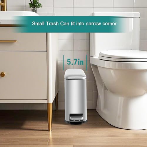 Small Bathroom Trash Can with Lid, Bedroom Trash Can, Silver | 1.3 Gal, Stainless Steel Trash Can, Removal Inner Bucket, Soft Close Lid, Step Pedal, Trash Bin for Bathroom, Bedroom, Office - color: Silver