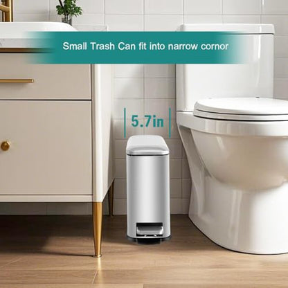 Small Bathroom Trash Can with Lid, Bedroom Trash Can, Silver | 1.3 Gal, Stainless Steel Trash Can, Removal Inner Bucket, Soft Close Lid, Step Pedal, Trash Bin for Bathroom, Bedroom, Office - color: Silver
