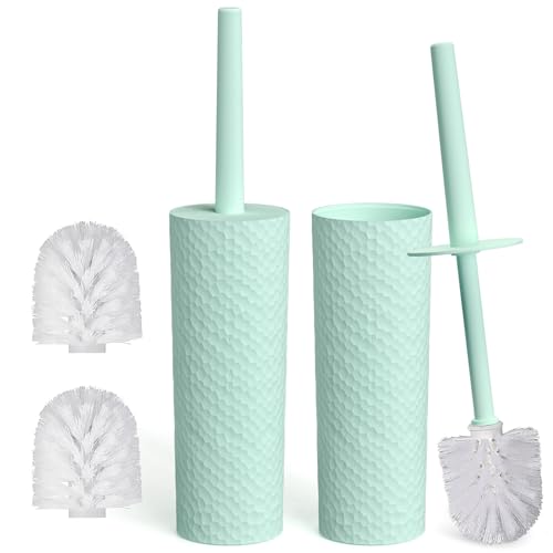 Topsky 2 Pack Compact Toilet Brush & Holder Set, Plastic Round Barrel Loo Brush with 2 Replacement Toilet Brush Head, Durable for Bathroom Toilet, Green - color: Green