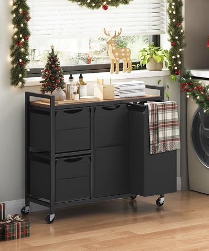 HOOBRO Laundry Sorter with 4 Section, 34 Gal. (127 L) Laundry Hamper with Wheels, Rolling Laundry Basket with Shelf, Pull-Out Detachable Bags, Side Pockets, Rustic Brown and Black BF14XY01N1 - color: Rustic Brown + Black