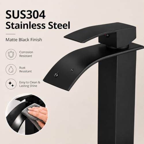 VOTON Vessel Sink Faucet Matte Black Modern Tall Waterfall Bathroom Sink Faucet with Pop-Up Drain Single Handle Bathroom Faucet 1 Hole Bowl Lavatory Vanity Faucet, Rv Sink Camper Farmhouse Faucet - color: Matte Black, size: Tall
