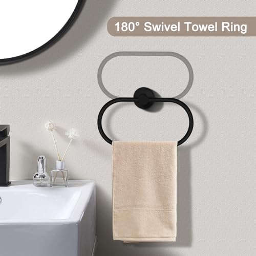 7 PCS Bathroom Hardware Set, Matte Black Stainless Steel Bathroom Tower Rack Set Wall Mounted Includes 16" Towel Bar, Toilet Towel Paper Holder, Towel Ring, 4 Robe Towel Hooks - color: 7pcs-matte Black