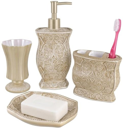 Creative Scents Victoria Beige 4 Piece Resin Bathroom Accessories Set | Includes Soap Dispenser, Toothbrush Holder, Tumbler Cup & Soap Dish - style: 4 Piece Set