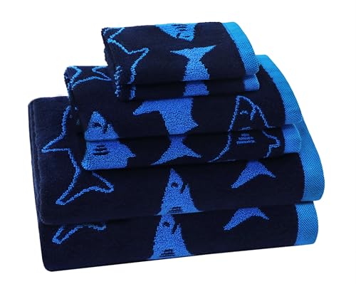 ORIGINAL KIDS 6 Piece Towel Set - 100% Cotton Jacquard Bathroom Towel Set | Bath Time Shark Attack Kids Towel Set - Super Soft Absorbent Plush - 2 Bath Towels, 2 Hand Towels, 2 Washcloths - Navy Blue - color: Navy Blue, size: Set of 6 - Bath-Hand-Wash
