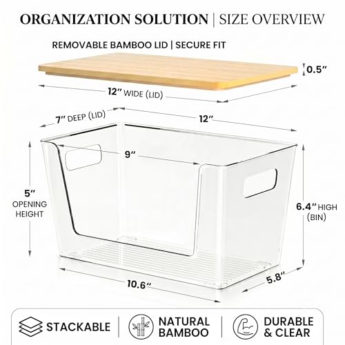 CiWiVOKi 6 Pack Clear Stackable Storage Bins with Bamboo Lids, Trash Bag Holder Dispenser Under Sink Organizer for 4-13 Gal Bags, Plastic Storage Containers for Pantry Bathroom Kitchen Organization - size: 6 Pack