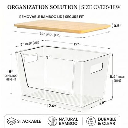 CiWiVOKi 6 Pack Clear Stackable Storage Bins with Bamboo Lids, Trash Bag Holder Dispenser Under Sink Organizer for 4-13 Gal Bags, Plastic Storage Containers for Pantry Bathroom Kitchen Organization - size: 6 Pack