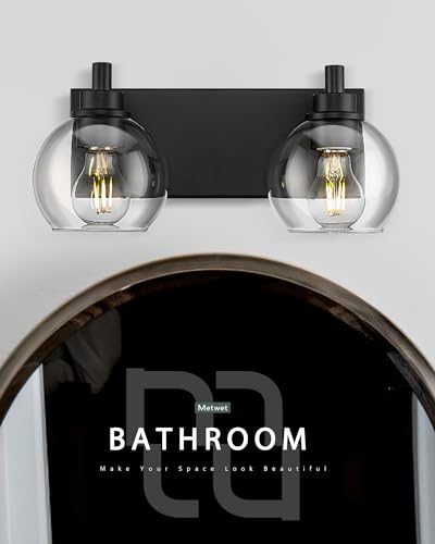 2-Light Matte Black Bathroom Vanity Light, Clear Glass Globe Shade | 15" modern bathroom light fixtures over mirror, E26 base, bulbs not included, VL195-MB-2 - color: Black, Clear Glass, size: 2-light