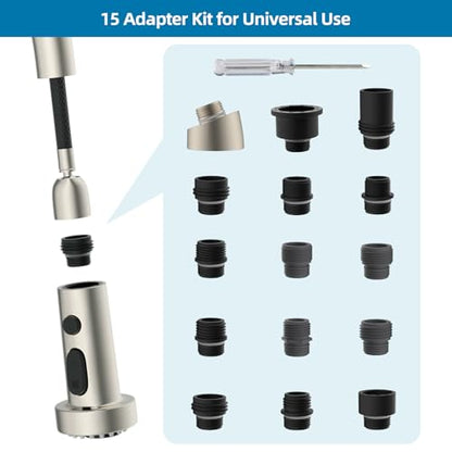 Universal Stainless Kitchen Faucet Head with 15 Adapter Kit, Brushed Nickel | NSF/ANSI/CAN 372 Certified, Compatible with American Standard/Kohler/Moen/Delta, 3 Function Pull Down Sink Faucet Spray Head - color: Brushed Nickel