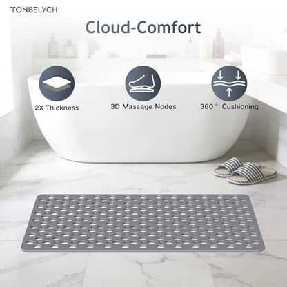 Non Slip Bath Mat for Shower & Bathtub - 30x17 Inch with Strong Suction Cups and Drain Holes, Quick-Dry, Machine Washable Floor Mat for Elderly, Kids & Pets