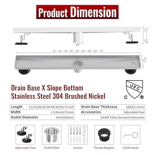 Linear Shower Drain, 28 inch Brushed Nickel | Including Hair Catcher and Removable Grate, 304 Stainless Steel, Easy to Install and Clean (Drain Base Not Included) - color: Brushed Nickel, size: 28 inch