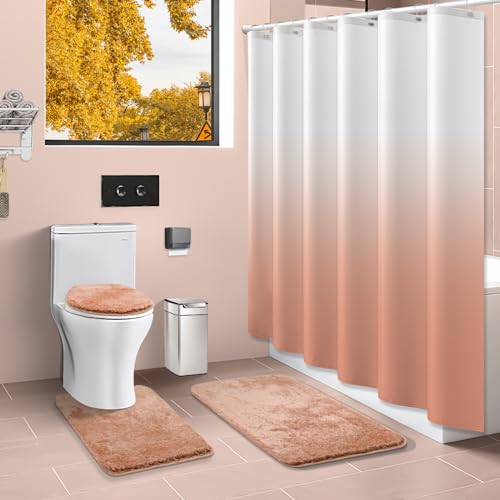 Shower Curtain Sets with Rugs and Adjustable Toilet Seat Cover | 4 Pcs Blush Pink Bathroom Sets with Shower Curtain and Rugs and Microfiber Toilet Lid Cover - color: Blush Pink