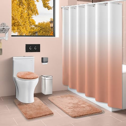 Shower Curtain Sets with Rugs and Adjustable Toilet Seat Cover | 4 Pcs Blush Pink Bathroom Sets with Shower Curtain and Rugs and Microfiber Toilet Lid Cover - color: Blush Pink