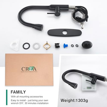 CREA Black Kitchen Faucet, Pull Down Kitchen Faucets with Sprayer 3 Modes, Uitility Laundry Faucets Single Hole Bar Sink Faucet 360° Swivel High Arc Stainless Steel RV Faucet, Matte Black - color: Black, style: standard