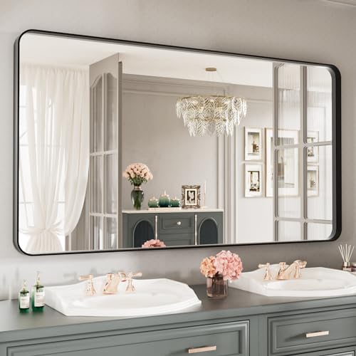 LOAAO Black Metal Framed Bathroom Mirror for Wall, Large 55X30 Inch Rounded Rectangle Mirror, Matte Black Bathroom Vanity Mirror Farmhouse, Anti-Rust, Tempered Glass, Hangs Horizontally or Vertically | Rounded Rectangle, Matte Black Bathroom Vanity Mirror