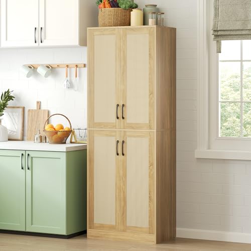 JASIWAY Rattan Pantry Cabinet, 67" Tall Kitchen Storage Cabinet with Doors | Adjustable Shelves, Wicker Linen Closet Cupboard for Laundry, Bathroom, Wood - color: Wood, size: 67" Tall Storage Cabinet