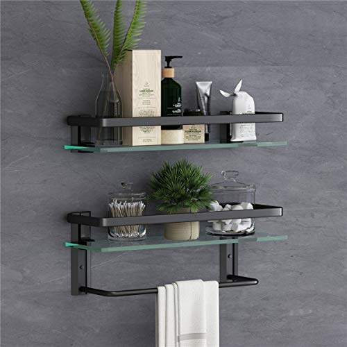 Glass Bathroom Shelf with Towel Bar 15.7in Bathroom Wall Shelves Rustproof Metal Bathroom Wall Organizer 2-Tier (Black) - style: 2 tier with towel bar black