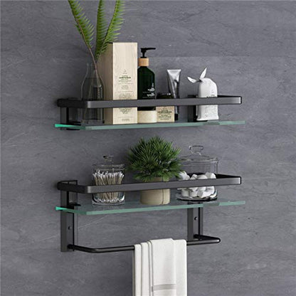 Glass Bathroom Shelf with Towel Bar 15.7in Bathroom Wall Shelves Rustproof Metal Bathroom Wall Organizer 2-Tier (Black) - style: 2 tier with towel bar black