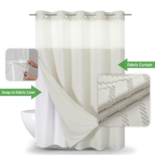 eachope No Hook Tufted Chevron Striped Shower Curtain with Snap-in Fabric Liner set-71Wx74H(72H),Cream Hotel Grade Boho Style Shower Curtain with See Through Top Window,Water Repellent - color: Cream, size: 71"W x 74"L (Pack of 1)