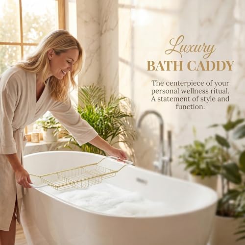 Cabilock Luxury Stainless Steel Bathtub Caddy Tray - 24.8in Expandable Modern Bath Rack for Tub with Wine Glass & Book Holder - Rustproof Shower Organizer & Tablet Stand for Home Spa, Gold - color: Golden