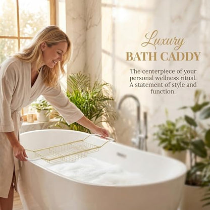 Cabilock Luxury Stainless Steel Bathtub Caddy Tray - 24.8in Expandable Modern Bath Rack for Tub with Wine Glass & Book Holder - Rustproof Shower Organizer & Tablet Stand for Home Spa, Gold - color: Golden
