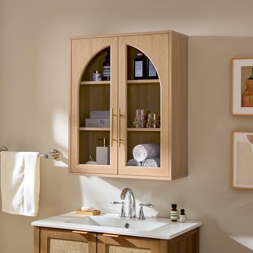 Bathroom Wall Cabinet, 23.5×31.4'' Storage Cabinet, Arched Cabinet Wall Mount with Adjustable Shelf & Glass Doors, Medicine Cabinet for Laundry Room, Bathroom, Kitchen, Living Room,Natural Oak - color: Natural Oak